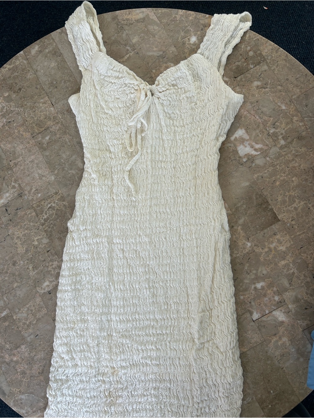 Cream Textured Sleeveless Tie-Front Dress